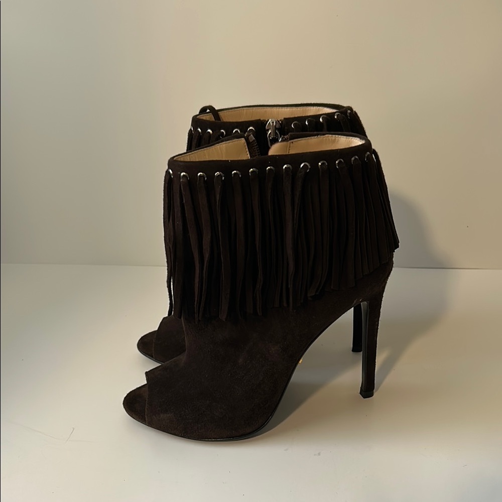 Fringed Brown High Heel Ankle Boots - Picture 4 of 6
